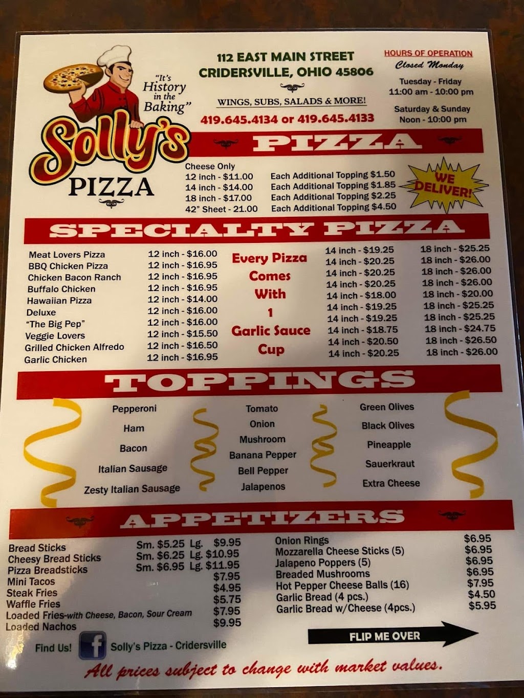 Sollys Pizza | 112 E Main St, Cridersville, OH 45806, USA | Phone: (419) 645-4133